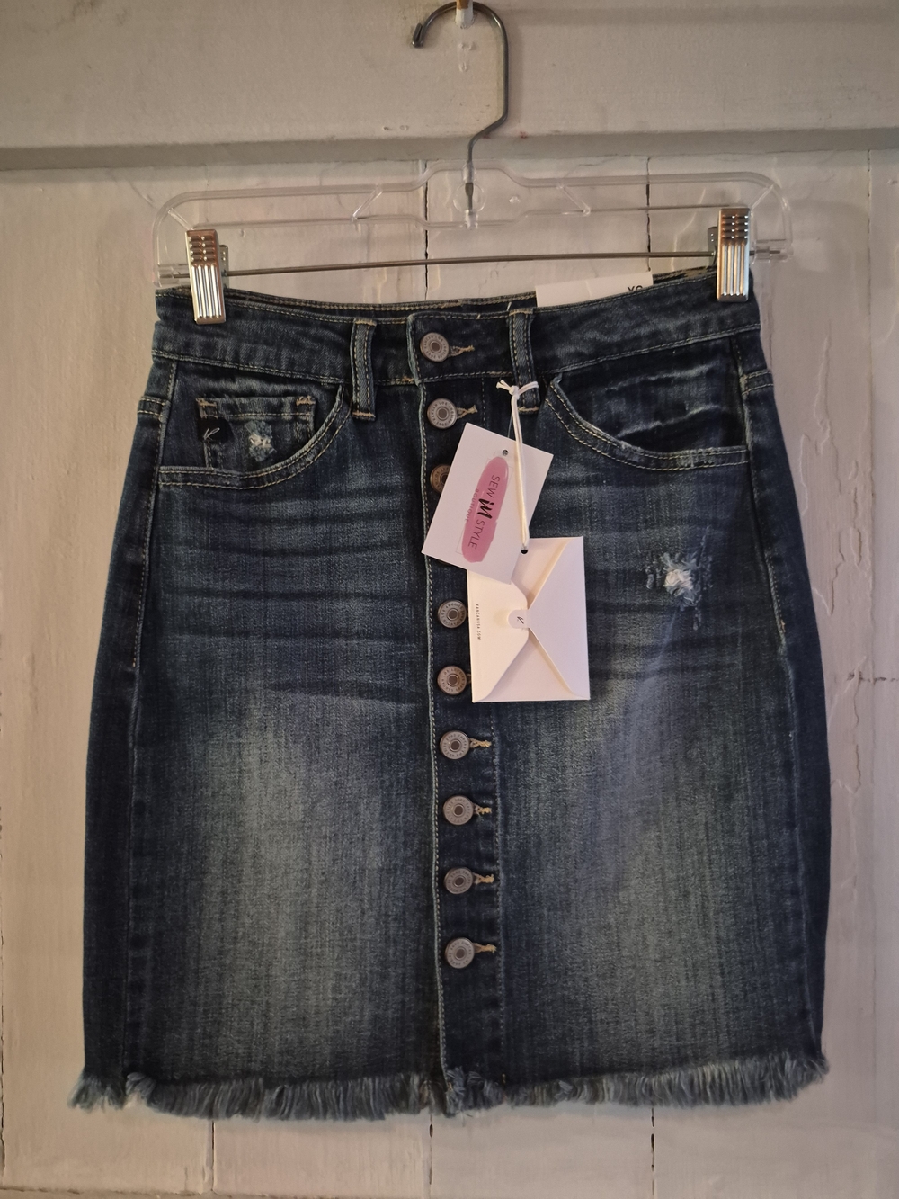 KanCan Distressed Denim Mini Skirt XS Button Front Frayed Hem Button Front